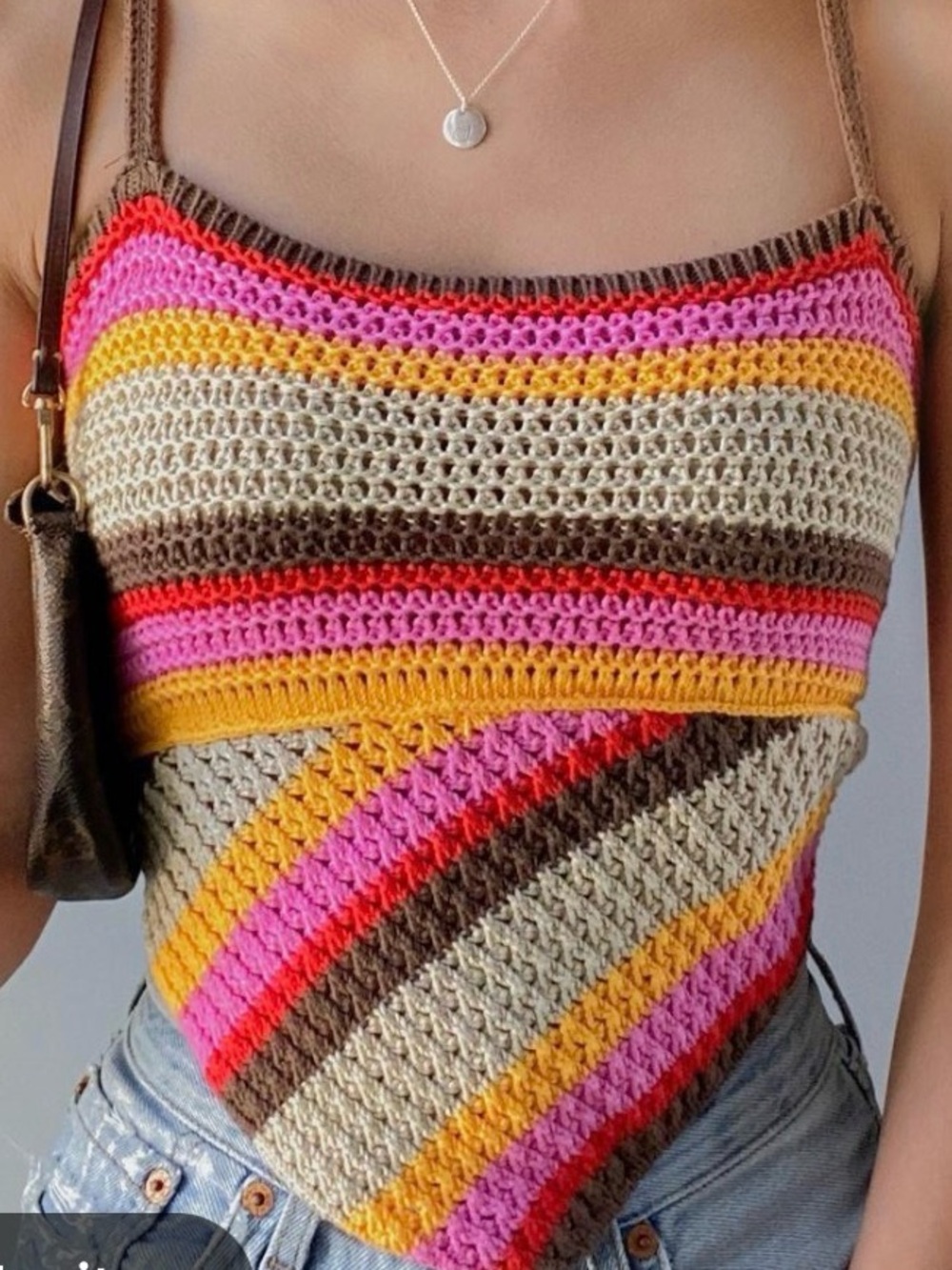 Urban Outfitters Crocheted Striped Hanky Cami in Pink, Yellow & Brown